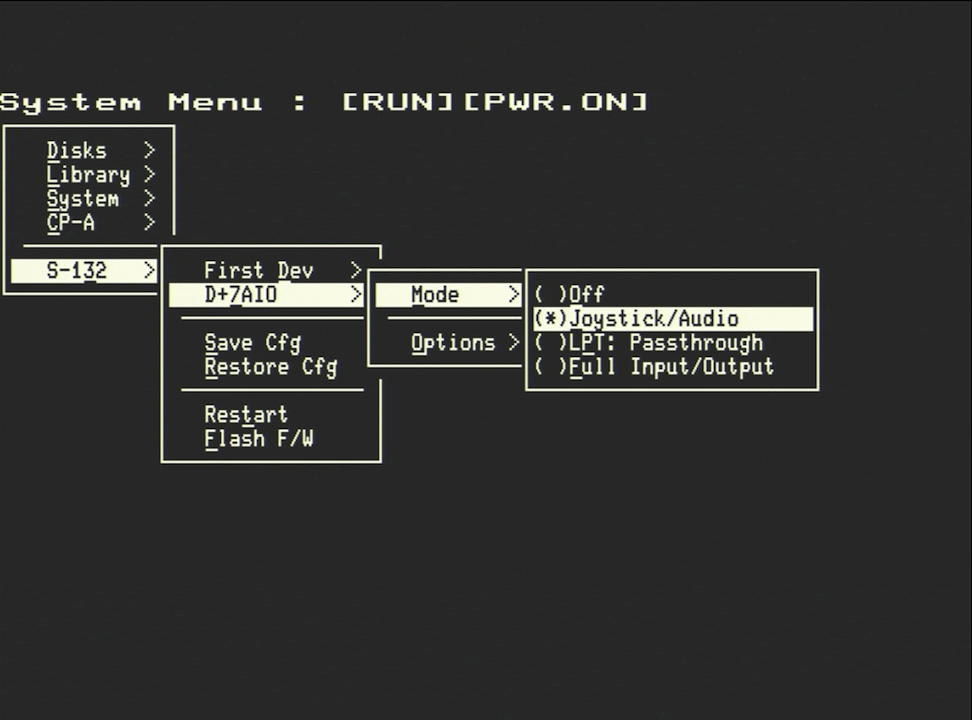 D+7AIO menu — Joystick/Audio mode selected